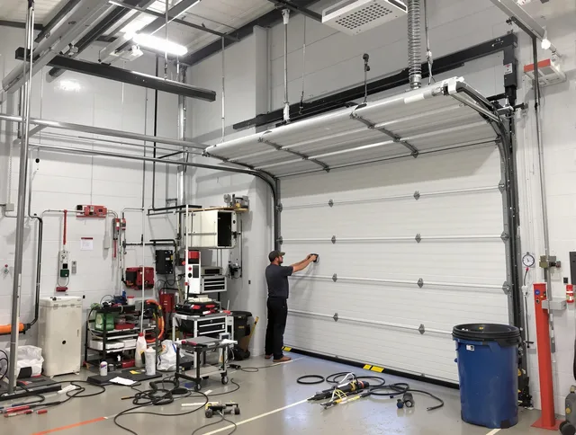 Dartmouth Garage Door Repair certified technician performing commercial door repair at a Dartmouth business facility