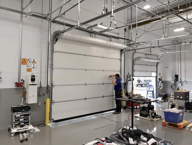 Commercial garage door repair being performed by Dartmouth Garage Door Repair expert in Dartmouth
