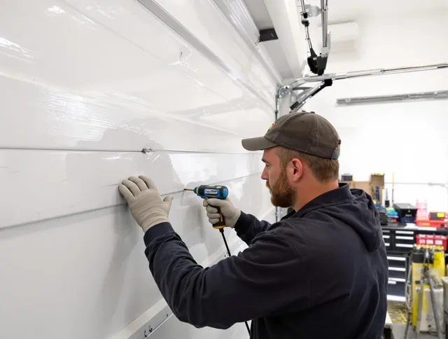 Dartmouth Garage Door Repair technician demonstrating precision dent removal techniques on a Dartmouth garage door