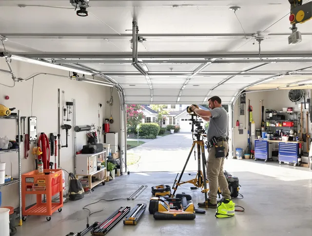 Dartmouth Garage Door Repair specialist performing laser-guided track alignment in Dartmouth